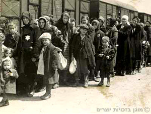 יהודים מורדים מהרכבת לרציף באושוויץ-בירקנאו, 27 במאי 1944